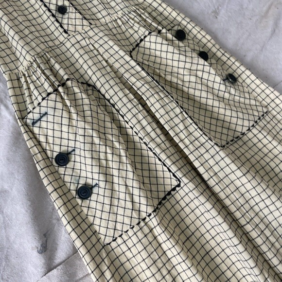 1940s Ivory/Black Cotton Checker Print Peter Pan Collar Day Dress Pockets RicRac - Picture 4 of 8